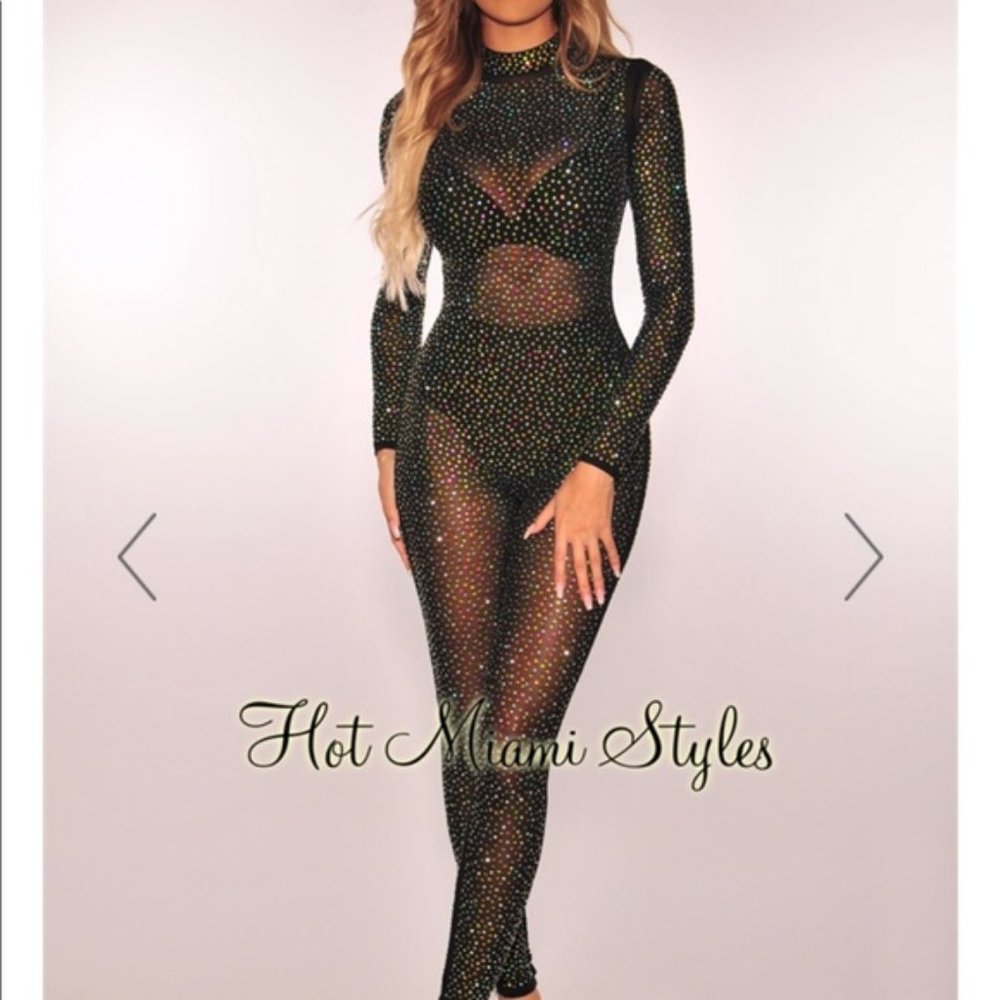 Sheer Black Rhinestone Jumpsuit - Picture 2 of 2